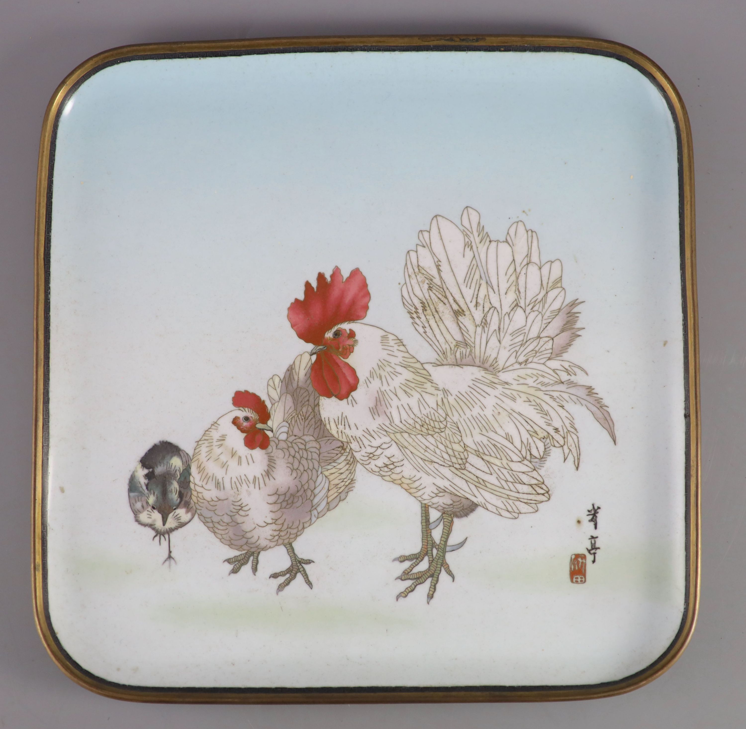 A Japanese square cloisonne tray, Meiji period, decorated with cockerel, hen and chick on a pale blue ground, Deakin Bros & Co, Japan